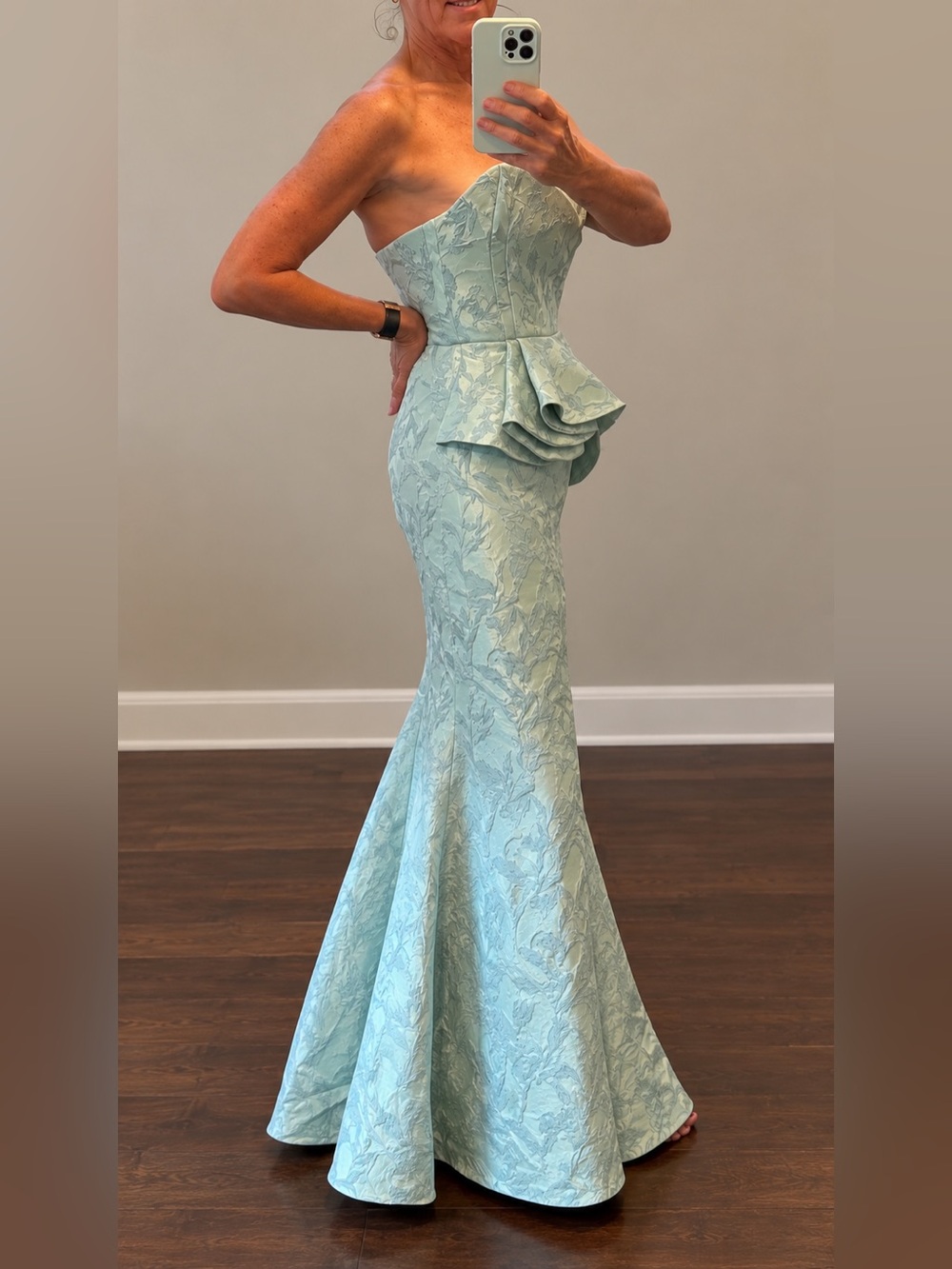 Strapless Seafoam Peplum Mermaid Gown - Picture 3 of 12